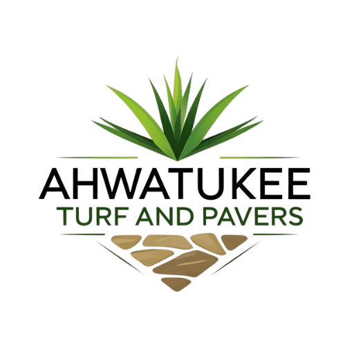 Logo for Ahwatukee Turf and Pavers featuring green blades of grass above the company name, styled for your first post on WordPress, with TURF AND PAVERS in green and tan pavers illustrated below the text.